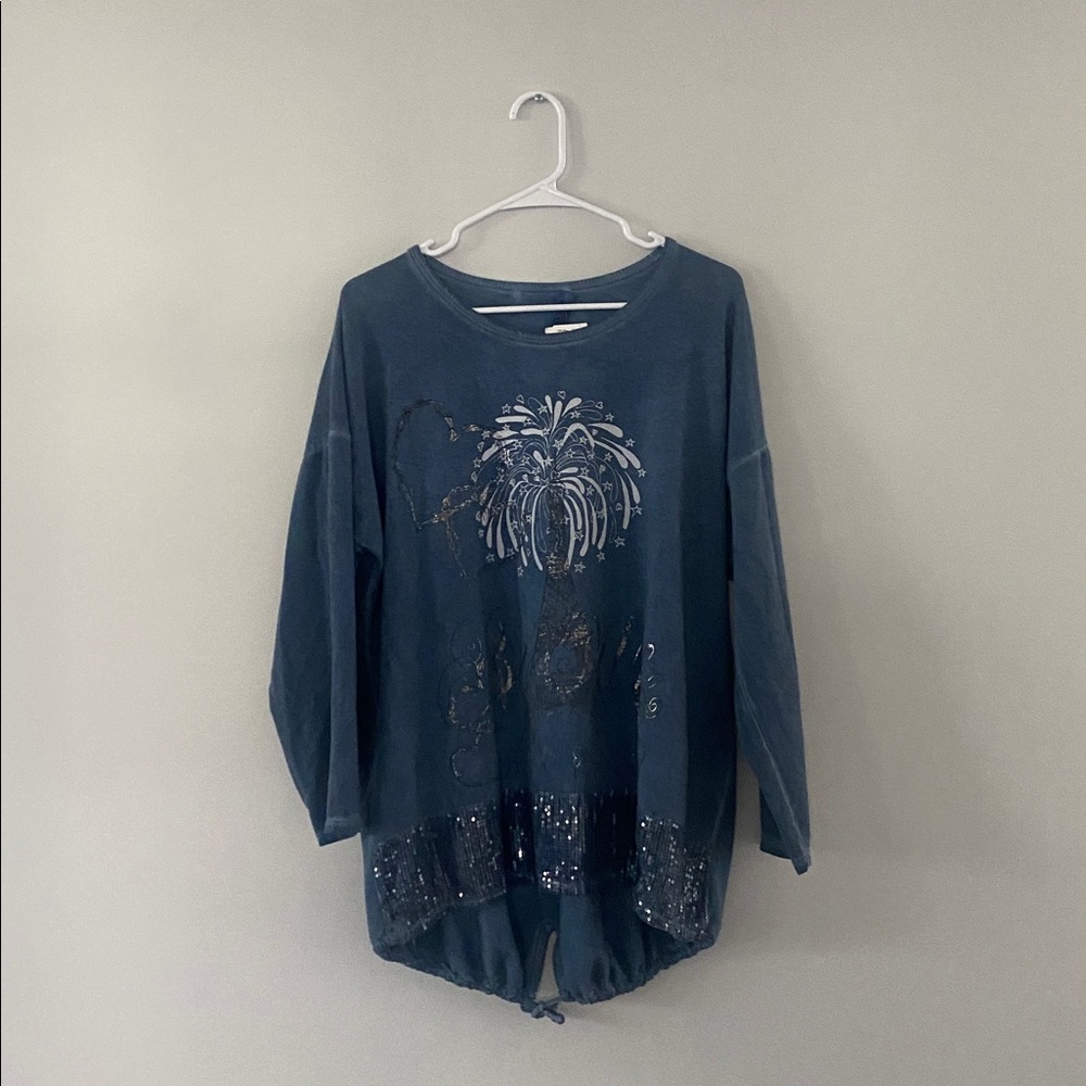 Via Vitale Blue Graphic Women's Top Sequence Size Medium
